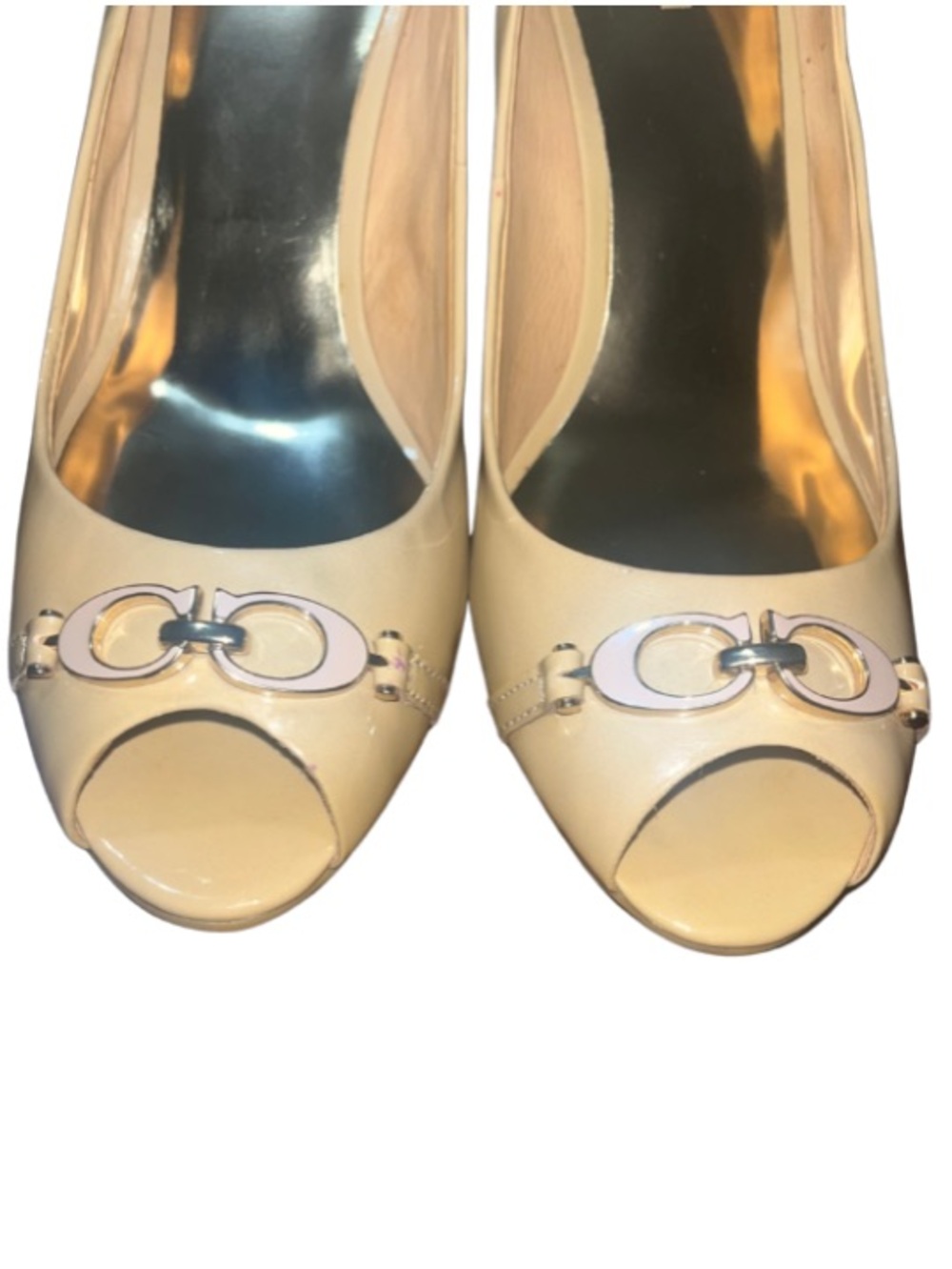 Coach Elora Patent Leather Peep Toe Wedge Heels - Tan Nude 11B
LIKE NEW